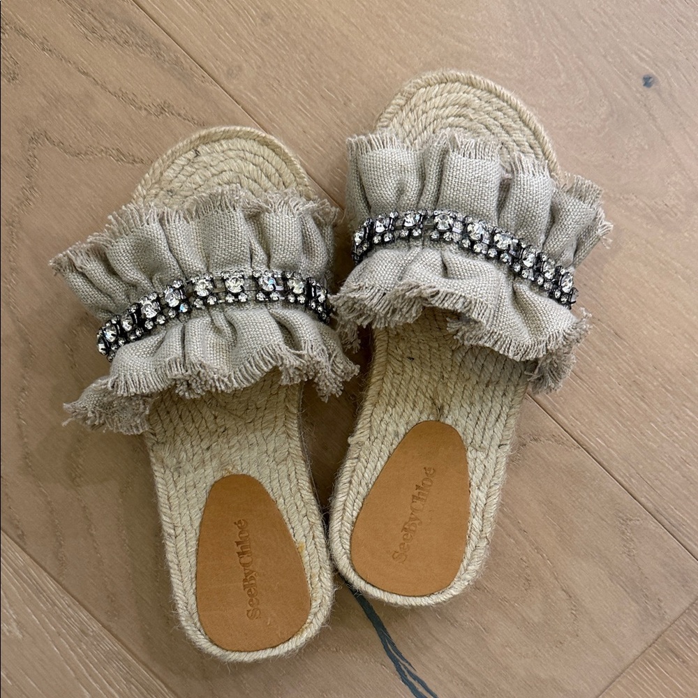 See By Chloé Beige Ruffle Espadrille Slide with Crystal Band